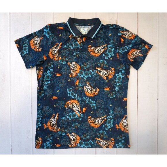 Fresh Prints Of Bel Air Other - Fresh Prints Of Bel Air Men’s Blue Jungle Print Polo Shirt with Tigers, Size XL